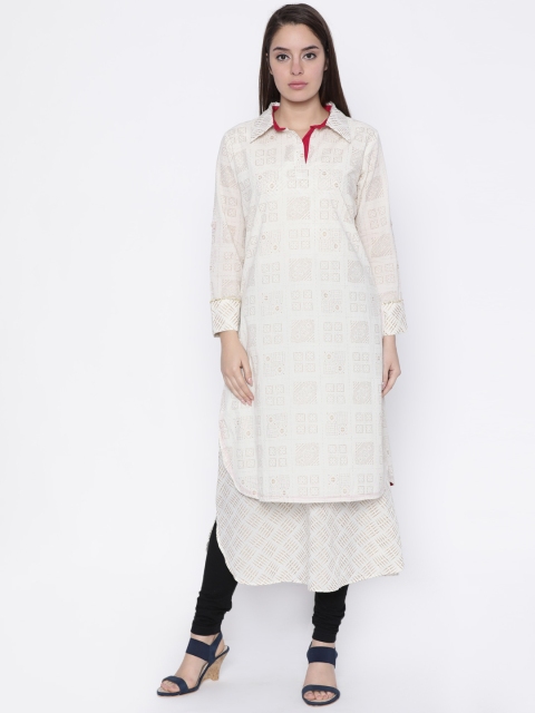

Jashn Women Off-White & Beige Printed High-Low Hem Pathani Kurta