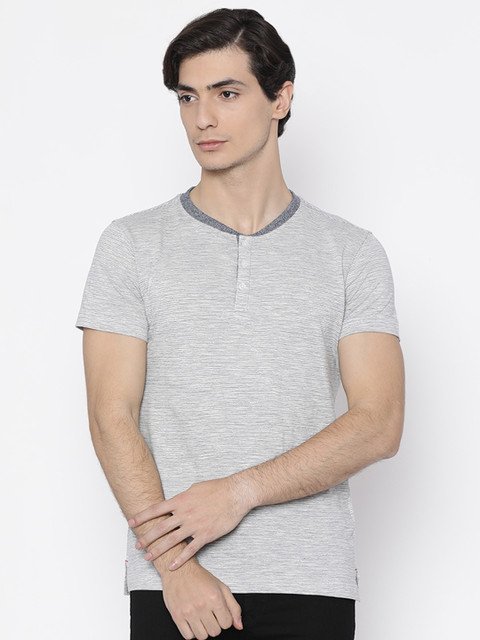 

American Crew Men Off-White Black Striped Henley Neck Pure Cotton T-shirt