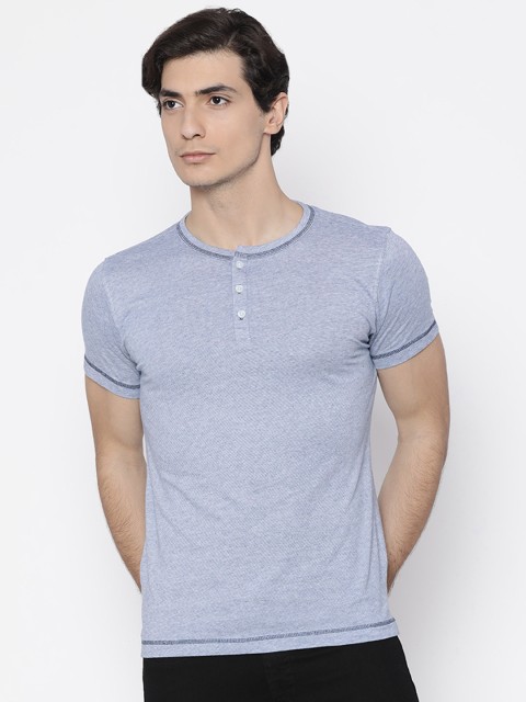 

American Crew Men Blue Self-Design Henley T-shirt