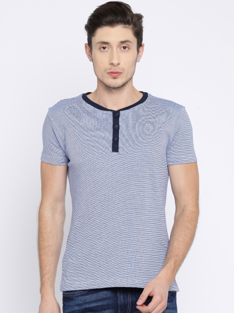 

American Crew Men White & Blue Self Design Henley Neck T-shirt