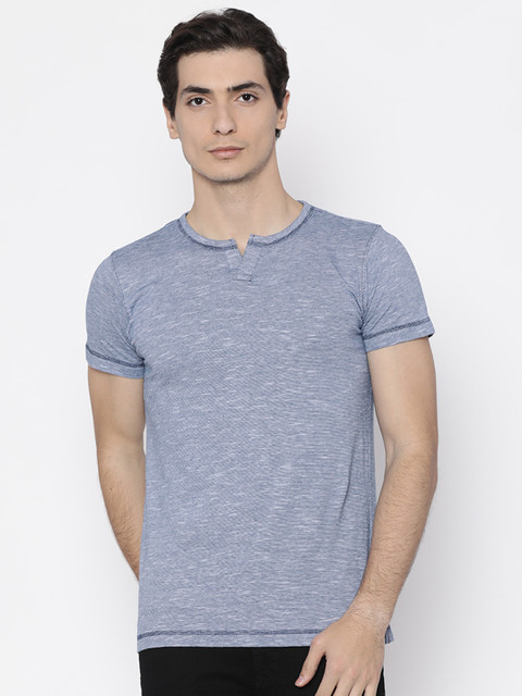 

American Crew Men Blue Striped Henley Neck T-shirt