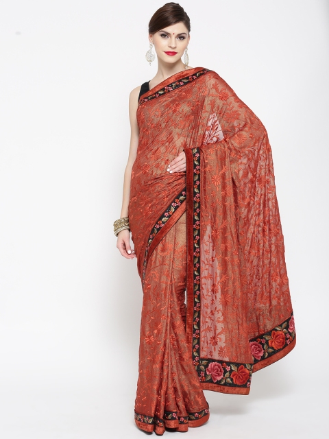

Chhabra 555 Rust Brown Embroidered Pure Georgette Saree
