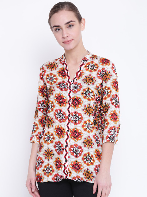 

Madame Women Off-White & Orange Regular Fit Printed Casual Shirt