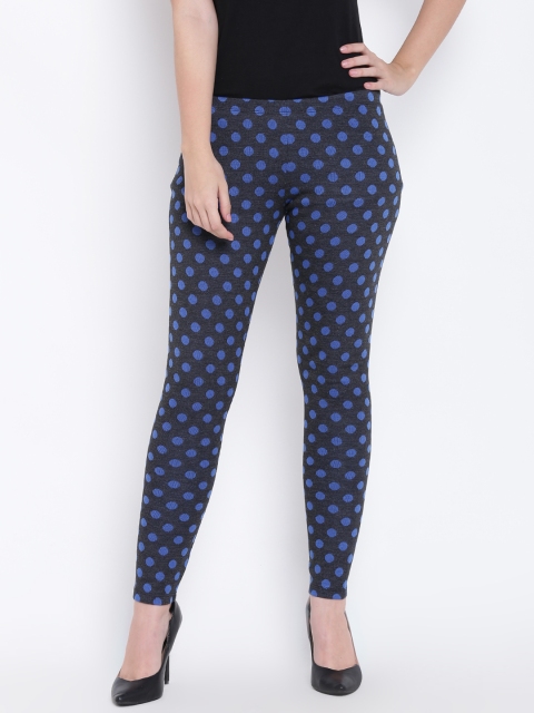 

Madame Charcoal Grey & Blue Polka Dot Print Leggings