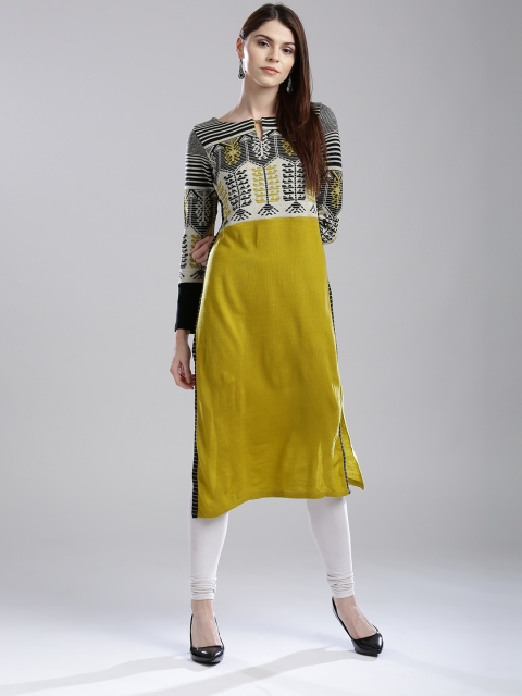 

W Women Olive Green Woven Design Straight Kurta