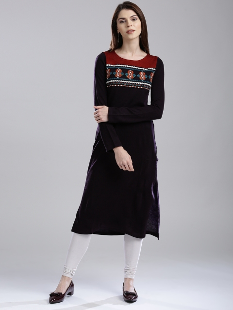 

W Women Aubergine Embroidered Straight Kurta, Purple