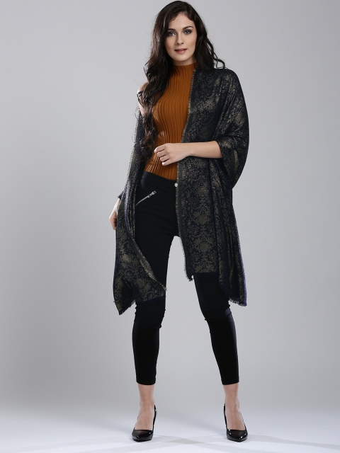 

W Navy & Golden Shimmer Patterned Stole, Navy blue