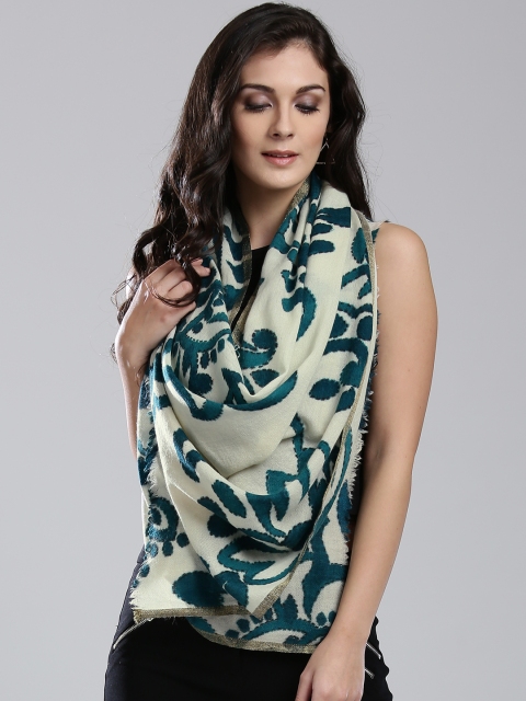 

W Off-White & Teal Green Printed Stole