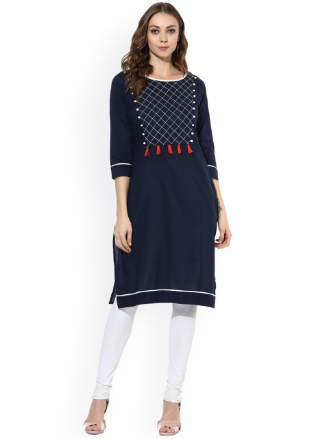 

Mytri Women Navy Blue Embroidered Straight Kurta