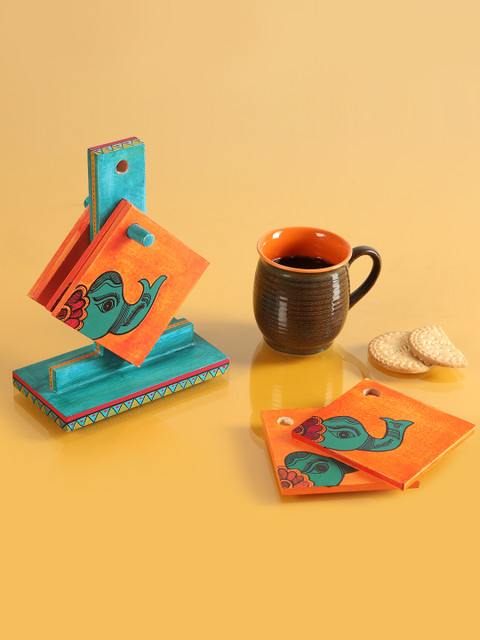 

ExclusiveLane Set Of 6 Madhubani Hand-Painted Wooden Coasters With Stand, Blue