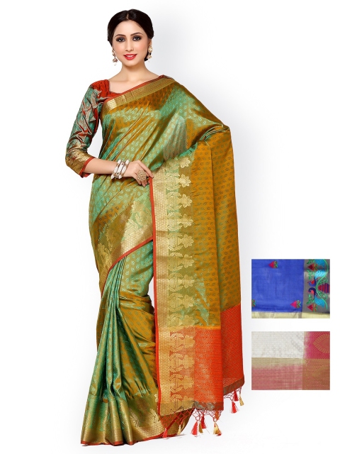 

MIMOSA Selection of 3 Kanjeevaram Art Silk Sarees, Green