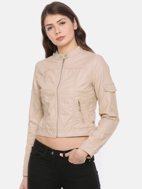 

U.S. Polo Assn. Women Women Cream-Coloured Solid Biker Jacket
