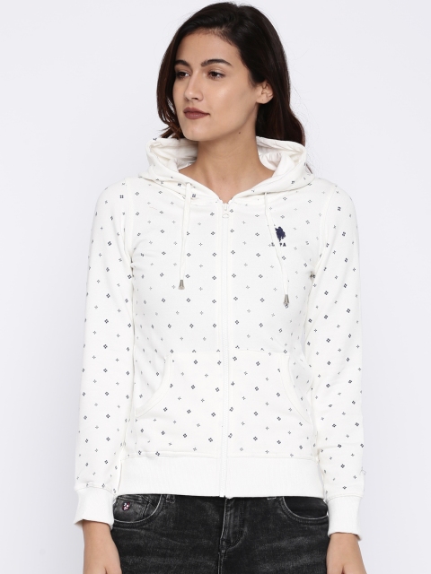 

U.S. Polo Assn. Women White Printed Hooded Sweatshirt