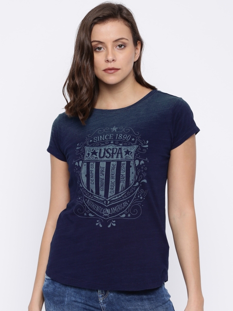 

U.S. Polo Assn. Women Blue Printed Round Neck Pure Cotton T-shirt