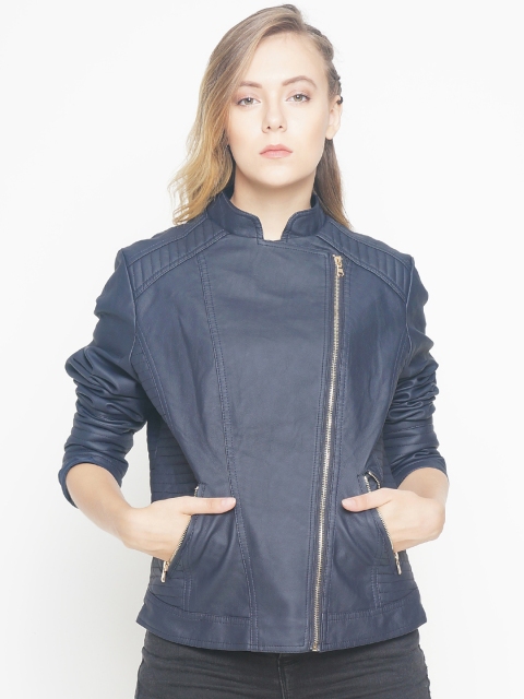 

The Indian Garage Co Women Navy Blue Solid Biker Jacket