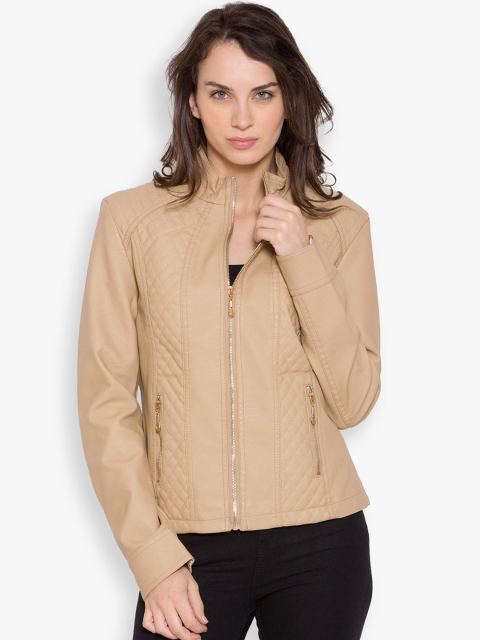 

The Indian Garage Co Women Beige Solid Biker Jacket