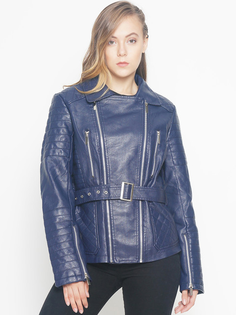 

The Indian Garage Co Women Navy Blue Solid Biker Jacket