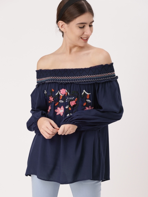 

DressBerry Women Blue Self Design Bardot Top