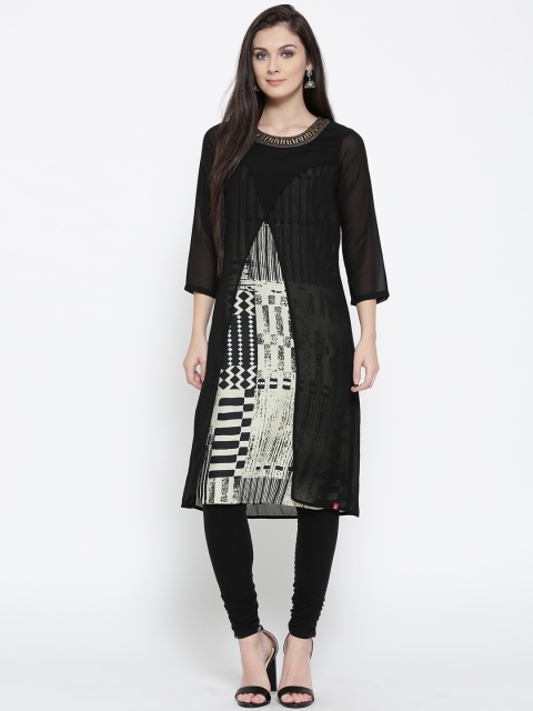 

Biba Women Beige & Black Printed Layered Straight Kurta