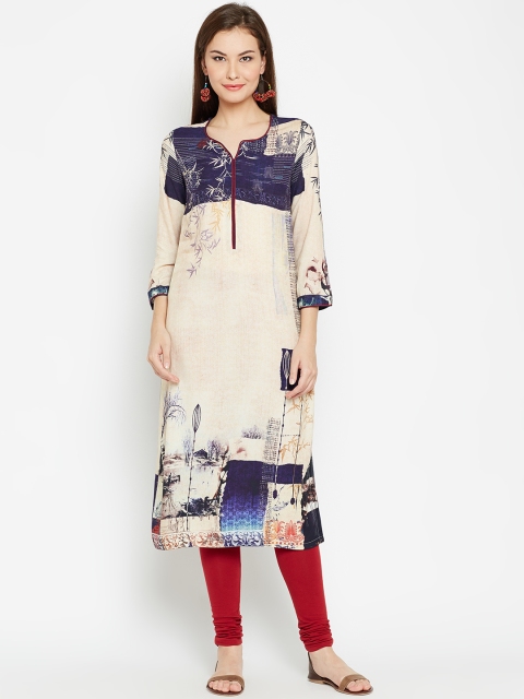 

Biba Women Beige & Purple Printed Straight Kurta