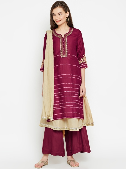 

Biba Women Magenta & Beige Dyed Layered A-Line Kurta with Palazzos & Dupatta