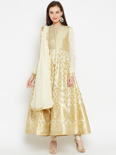

Biba Women Cream-Coloured & Golden Self-Design Kurta with Churidar & Dupatta