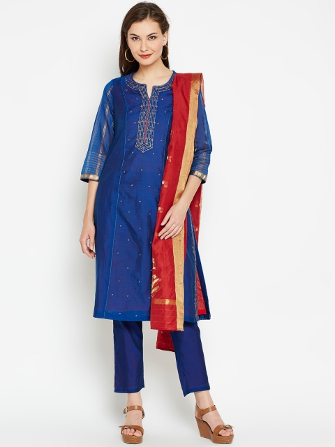 

Biba Women Navy Blue Embroidered Kurta with Trousers & Dupatta