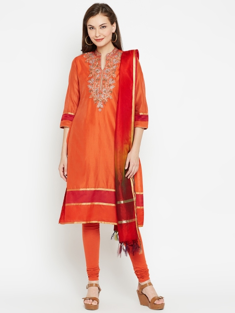 

Biba Women Orange Embroidered Kurta with Churidar & Dupatta