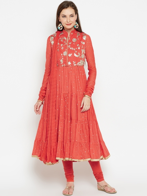 

Biba Women Coral Red Embellished Kurta with Churidar & Dupatta