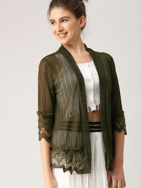 

DressBerry Olive Green Solid Open Front Shrug