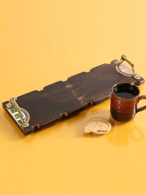 

ExclusiveLane Brown Warli Wooden Tray With Animal Figurines Dhokra Handles