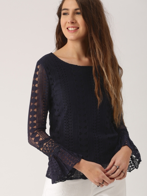 

DressBerry Women Navy Self Design Pure Cotton Top, Navy blue