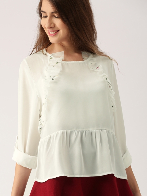 

DressBerry Women White Solid Peplum Top