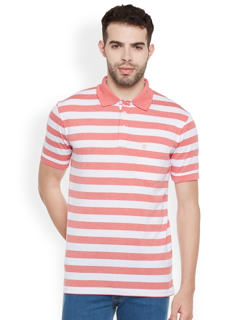 

Duke Men Peach-Coloured and White Striped Polo Collar T-shirt