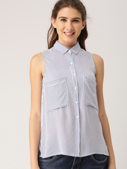 

DressBerry Women Blue & White Striped Shirt Style Top