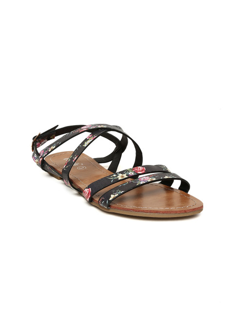 

People Women Black Floral Print Open Toe Flats