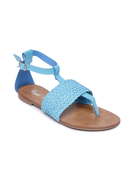 

People Women Blue Woven Detail T-Strap Flats