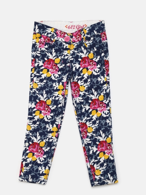 

612 league Girls Navy & Pink Regular Fit Printed Casual Trousers, Navy blue