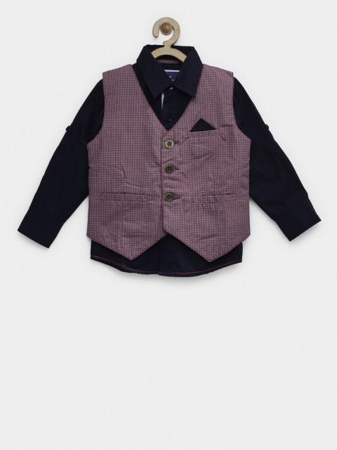 

612 league Boys Navy Blue Casual Shirt with Waistcoat