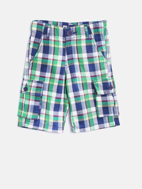 

612 league Boys Blue & Green Checked Regular Fit Cargo Shorts