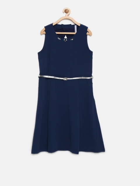

612FEARLESS Girls Navy Blue Solid Fit and Flare Dress