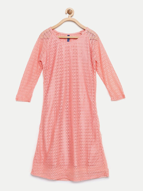 

612FEARLESS Girls Peach-Coloured Lace Sheath Dress
