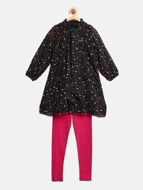 

612 league Girls Black Floral Print A-Line Dress with Leggings
