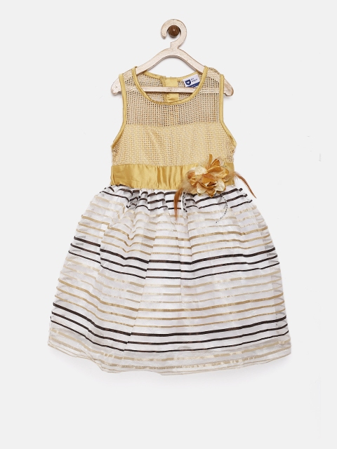 

612 league Girls Gold-Toned & Off-White Self Design Fit and Flare Dress