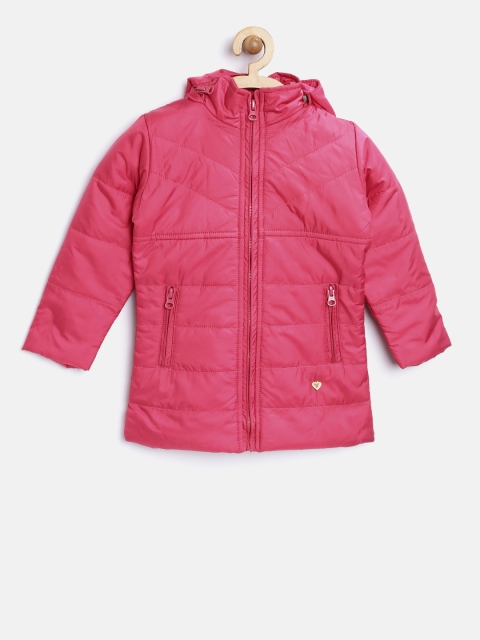 

612 league Girls Pink Solid Padded Jacket with Detachable Hood