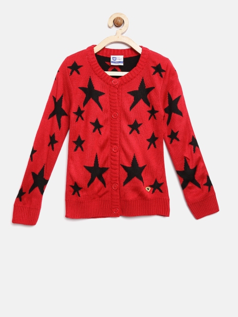 

612 league Girls Red Self Design Cardigan