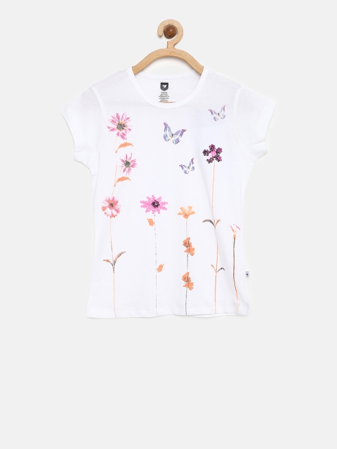 

612 league Girls White Printed Round Neck T-shirt