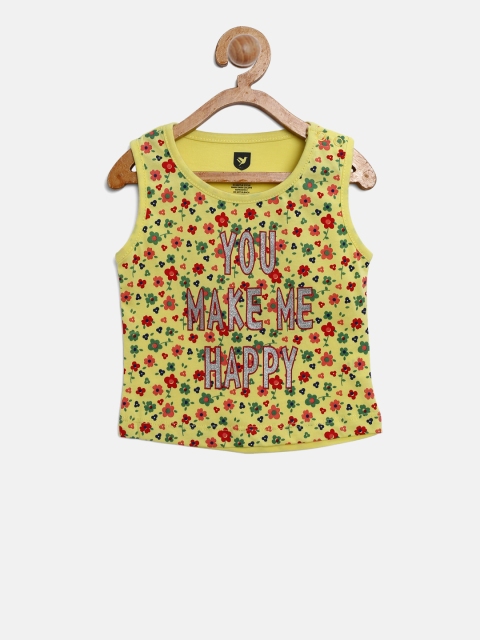 

612 league Girls Yellow Printed Round Neck T-shirt