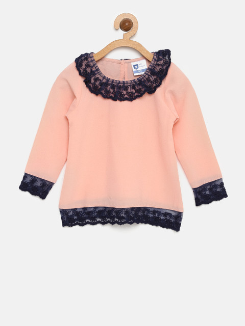 

612 league Girls Peach-Coloured & Navy Lace Detail A-Line Top