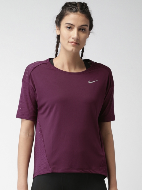 

Nike Women Purple Solid AS W NK DRY MILER Round Neck Running T-shirt